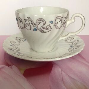Johnson Bros, Encore Elegant White Teacup and Saucer Set with Blue Accents